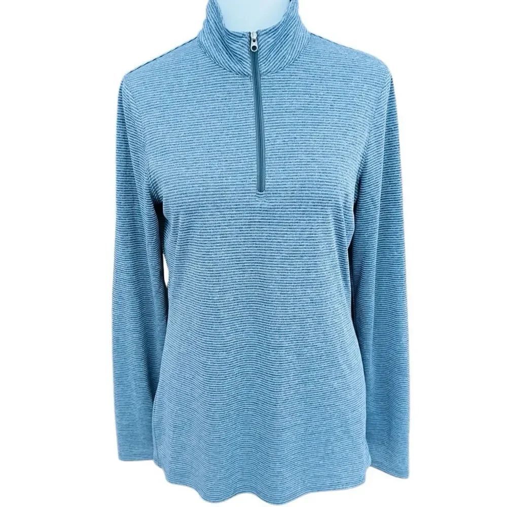 Eddie Bauer blue/gray striped lightweight TraVex quarter zip, size M.